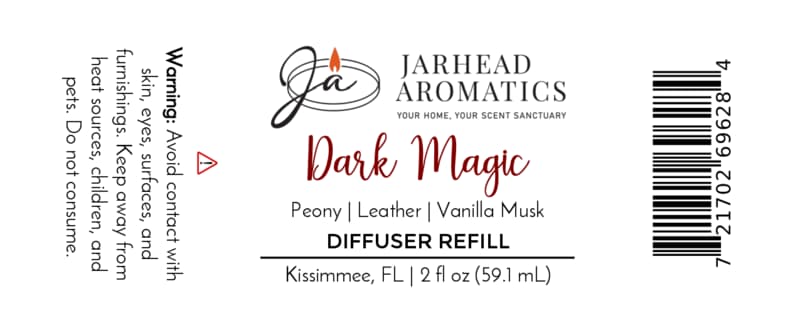 Label for Dark Magic Diffuser Refill by Jarhead Aromatics, highlighting an enchanting blend of peach, plum, dark florals, and vanilla musk. This home fragrance product includes a warning, 2 fl oz size, Kissimmee, FL location, and a barcode on the right.