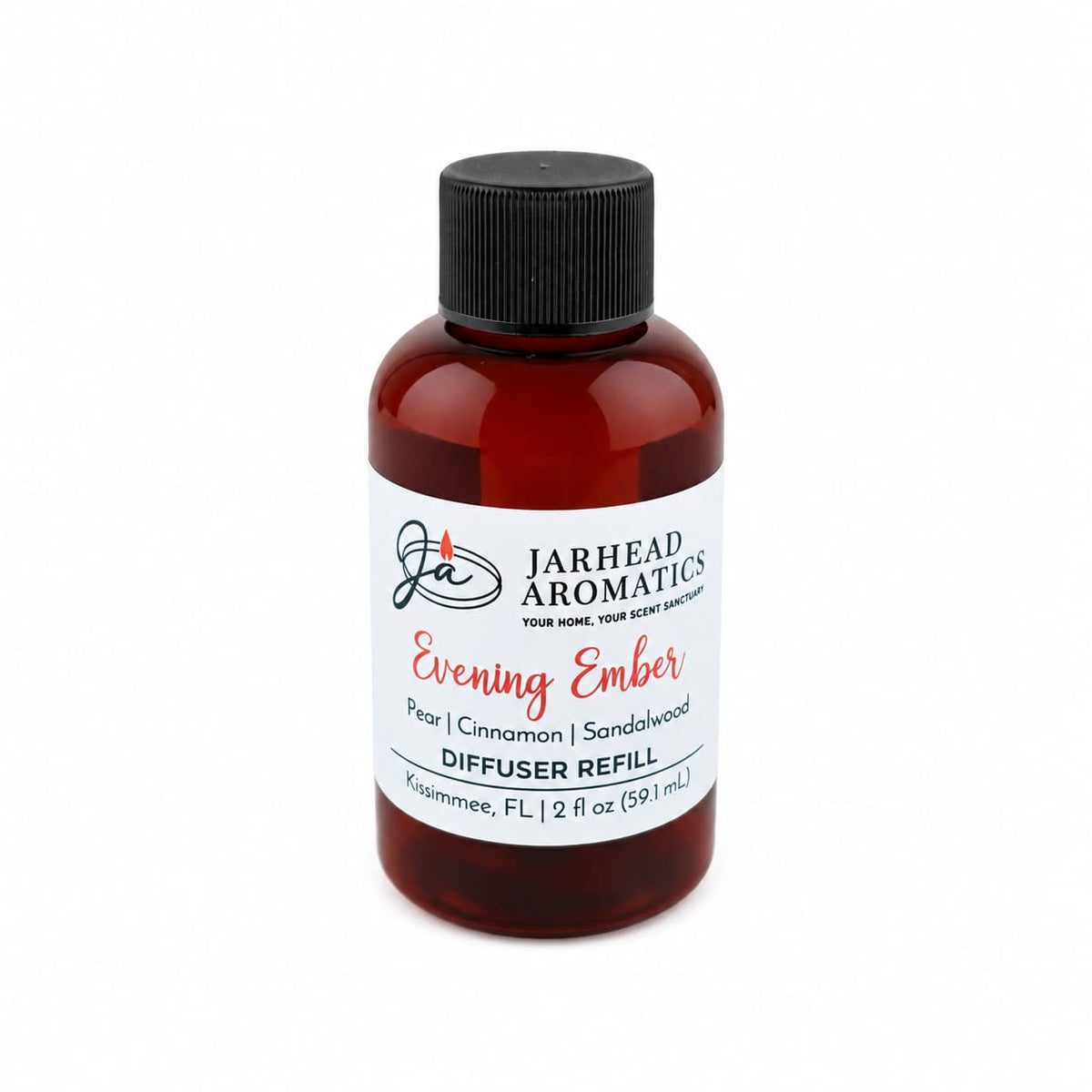 A brown bottle labeled Jarhead Aromatics Evening Ember Diffuser Refill, featuring plum, sandalwood, and soft smoke scents, 2 fl oz (59 ml), with a black cap—perfect for elevating your home fragrance experience.