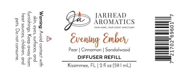 Product label for Jarhead Aromatics Evening Ember Diffuser Refill, a premium home fragrance featuring notes of plum, sandalwood, and soft smoke. Includes safety warnings, barcode, and product size (2 fl oz).