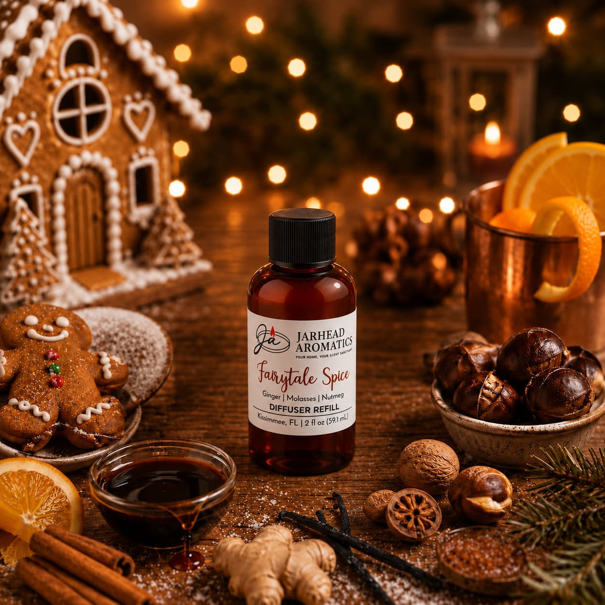 A festive scene featuring a bottle labeled “Fairytale Spice Diffuser Refill | Gingerbread, Molasses & Warm Spice” by Jarhead Aromatics is surrounded by gingerbread, oranges, syrup, nuts, spices, chestnuts, and a gingerbread house—evoking the irresistible holiday baking aroma of a cozy gingerbread home—all warmly illuminated with string lights in the background.