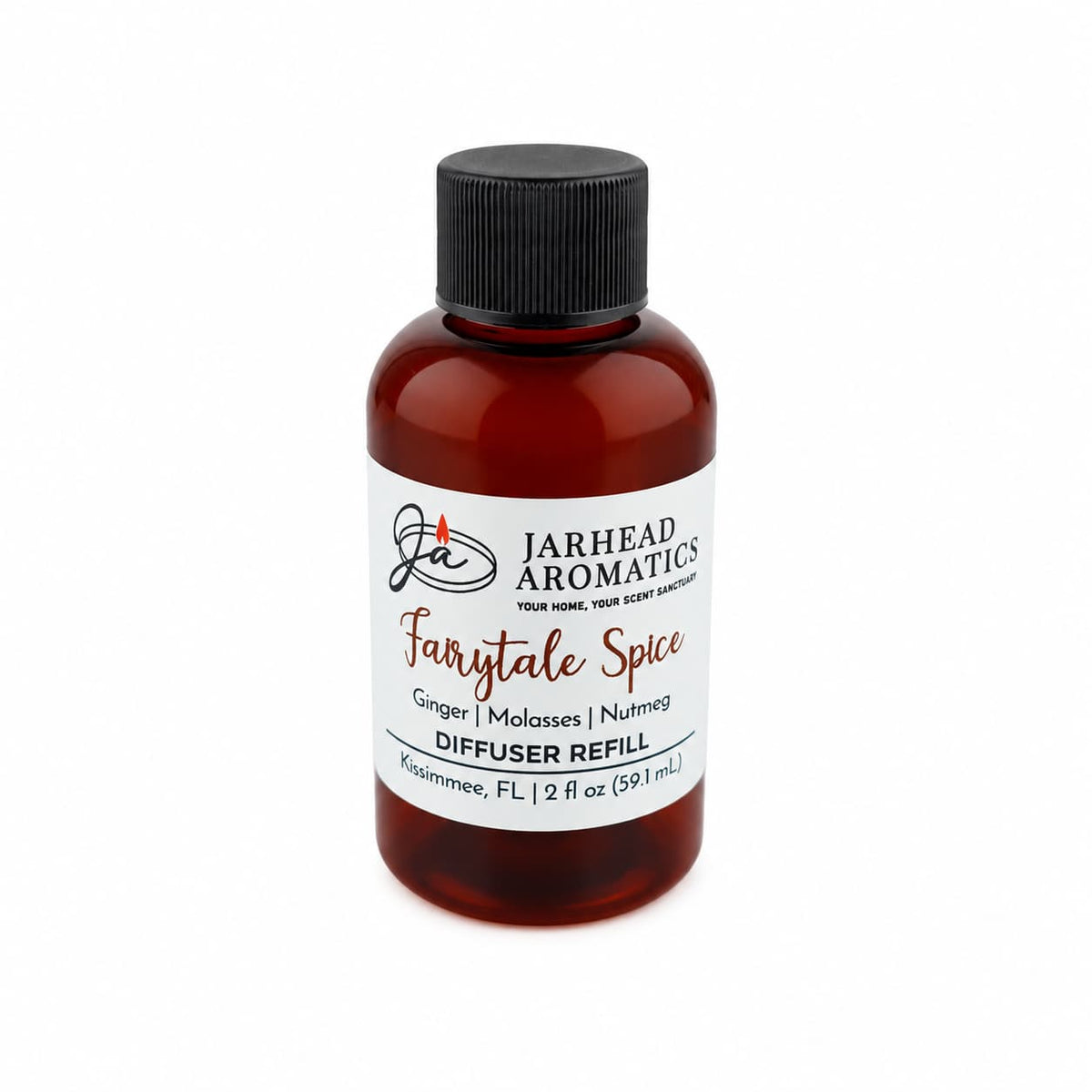 A brown bottle labeled “Jarhead Aromatics Fairytale Spice Diffuser Refill” features a festive blend of gingerbread, molasses, and warm spice scents. This holiday-inspired aroma fills your space with the cozy fragrance of freshly baked treats. The 2 fl oz (59.1 mL) bottle comes topped with a black screw cap.