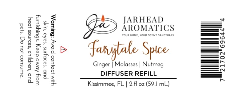 Label for Jarhead Aromatics Fairytale Spice Diffuser Refill | Gingerbread, Molasses & Warm Spice, featuring a festive holiday baking scent with ginger, molasses, and nutmeg notes. Fills your home with warm gingerbread fragrance. Contains 2 fl oz. Warning: Avoid contact with skin and surfaces. Barcode on the right. Black, brown, and orange text used.