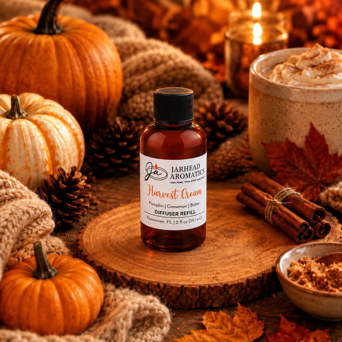 A bottle of Jarhead Aromatics Harvest Cream Diffuser Refill | Pumpkin Spice, Brown Sugar & Vanilla Cream sits on a wooden surface, surrounded by pumpkins, pinecones, cinnamon sticks, fall leaves, a candle, and a mug topped with whipped cream—evoking the essence of autumn home fragrance with its creamy pumpkin spice aroma.