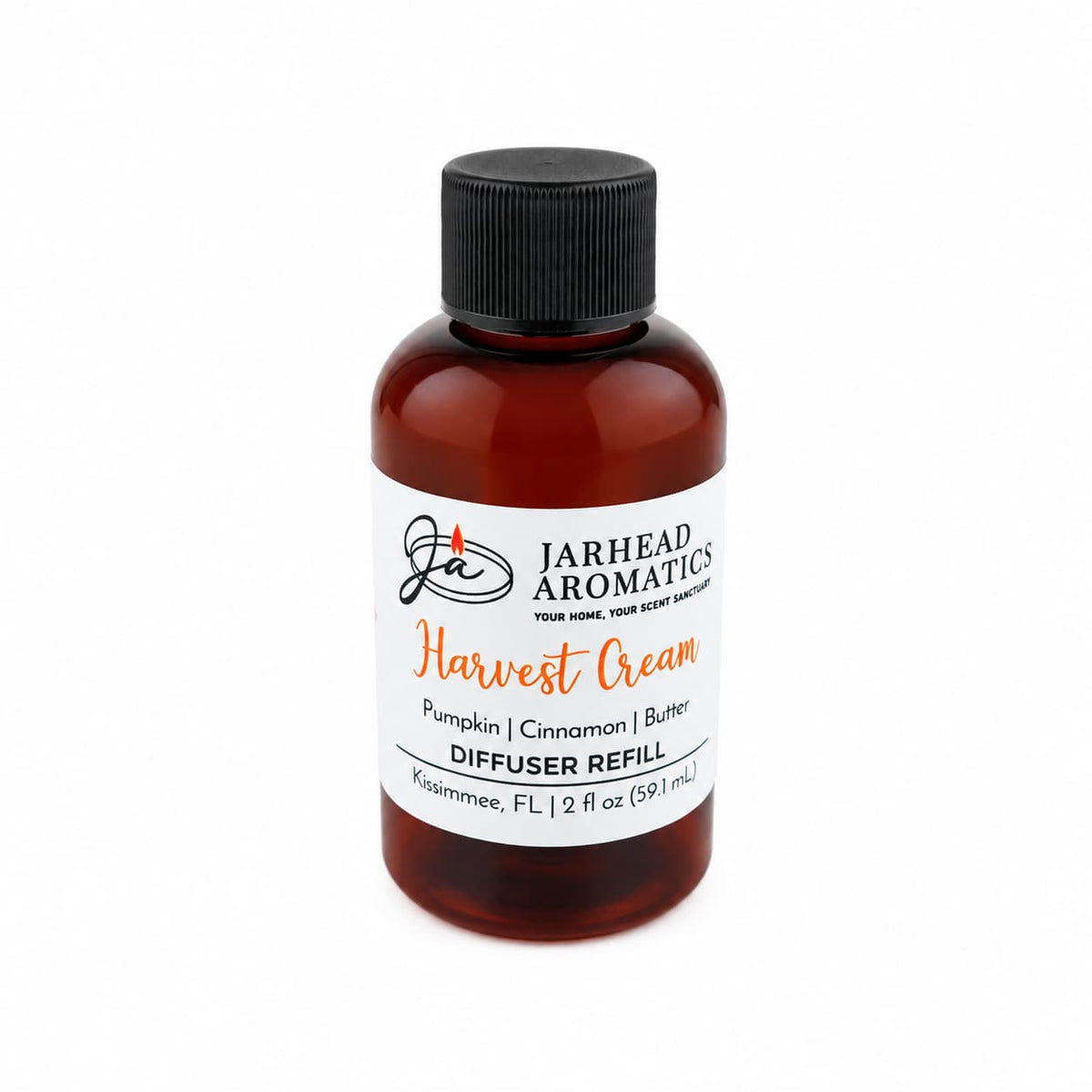 A brown bottle labeled Jarhead Aromatics Harvest Cream Diffuser Refill with a black cap stands against a plain white background, offering an inviting blend of pumpkin spice, brown sugar, and vanilla cream—perfect as an autumn home fragrance.