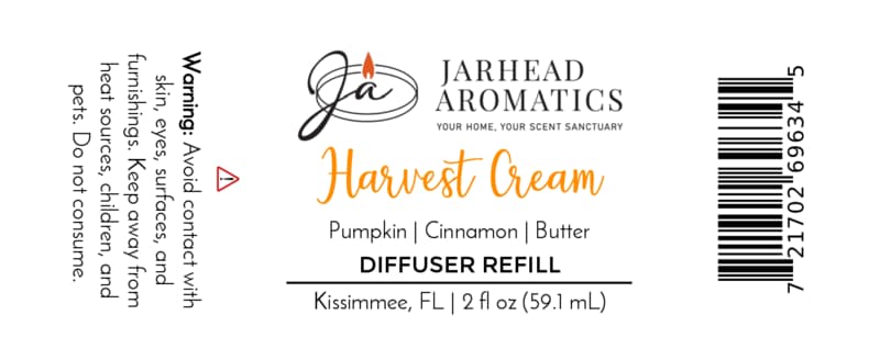 Jarhead Aromatics Harvest Cream Diffuser Refill | Pumpkin Spice, Brown Sugar & Vanilla Cream Fill your home with the inviting aroma of creamy pumpkin spice, rich brown sugar, and smooth vanilla cream—an ideal scent for a cozy autumn atmosphere. Warning: Avoid contact with skin, eyes, and surfaces. Keep away from heat, children, and pets. [Barcode on right side].