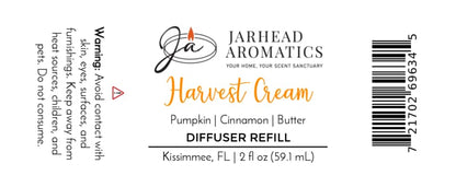 Jarhead Aromatics Harvest Cream Diffuser Refill | Pumpkin Spice, Brown Sugar & Vanilla Cream Fill your home with the inviting aroma of creamy pumpkin spice, rich brown sugar, and smooth vanilla cream—an ideal scent for a cozy autumn atmosphere. Warning: Avoid contact with skin, eyes, and surfaces. Keep away from heat, children, and pets. [Barcode on right side].