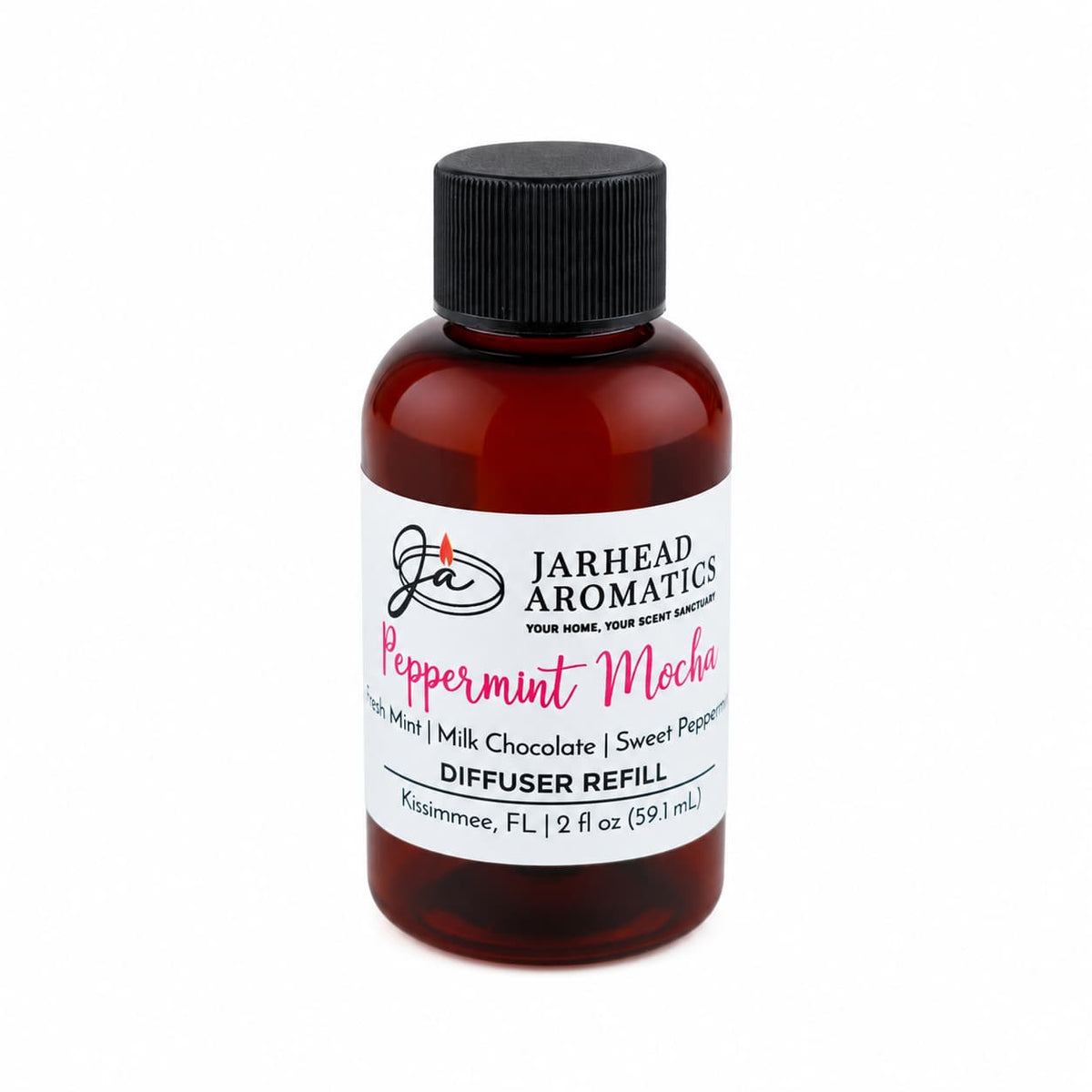 Amber glass bottle of Jarhead Aromatics Peppermint Mocha Diffuser Refill with a black cap and a white label.