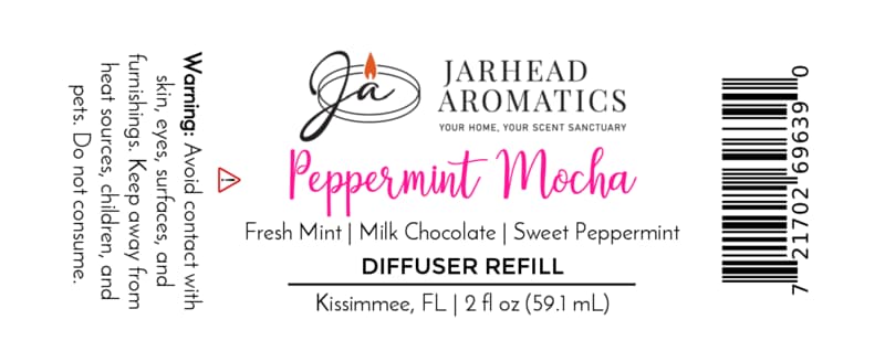 A product label for a Jarhead Aromatics Peppermint Mocha Diffuser Refill, showing ingredients, warning text, a barcode, and the manufacturer location for this holiday home fragrance.