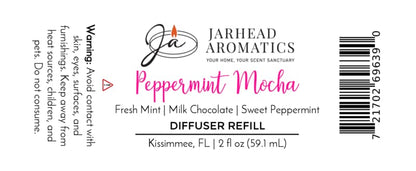 A product label for a Jarhead Aromatics Peppermint Mocha Diffuser Refill, showing ingredients, warning text, a barcode, and the manufacturer location for this holiday home fragrance.