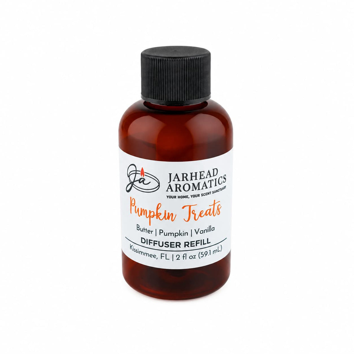 A brown bottle labeled Pumpkin Treats Diffuser Refill by Jarhead Aromatics, offering a cozy autumn home fragrance with notes of pumpkin, caramel, and maple pecan. The 2 fl oz (59.1 mL) bottle features a black screw cap—perfect for filling your space with a warm seasonal scent.