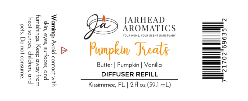 Jarhead Aromatics Pumpkin Treats Diffuser Refill fills your home with a decadent aroma of pumpkin, caramel, and maple pecan for the perfect autumn atmosphere. Warning: avoid contact with skin. Size: 2 fl oz (59.1 mL). Manufactured in Kissimmee, FL.