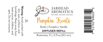 Jarhead Aromatics Pumpkin Treats Diffuser Refill fills your home with a decadent aroma of pumpkin, caramel, and maple pecan for the perfect autumn atmosphere. Warning: avoid contact with skin. Size: 2 fl oz (59.1 mL). Manufactured in Kissimmee, FL.
