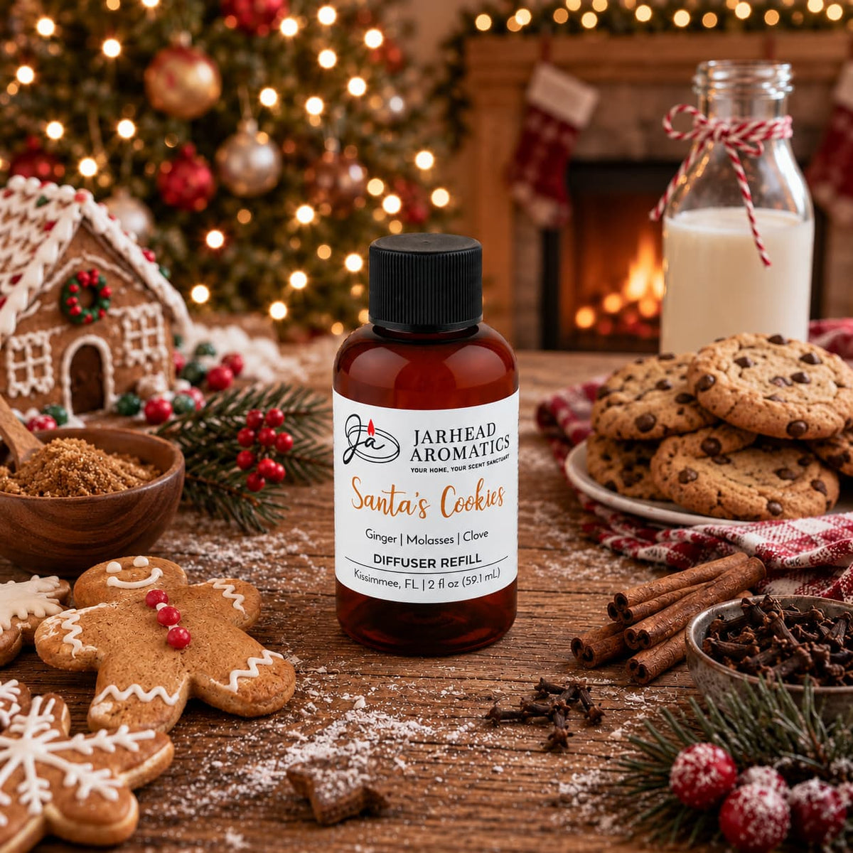 Amber glass bottle of Jarhead Aromatics Santa’s Cookies Diffuser Refill surrounded by gingerbread men, chocolate chip cookies, and cinnamon sticks on a wooden table in front of a Christmas tree.