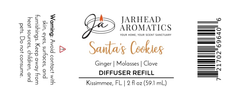 Product label for a Jarhead Aromatics Santa’s Cookies Diffuser Refill | Ginger, Brown Sugar, Molasses & Vanilla, featuring scent notes, a warning statement, and a barcode.