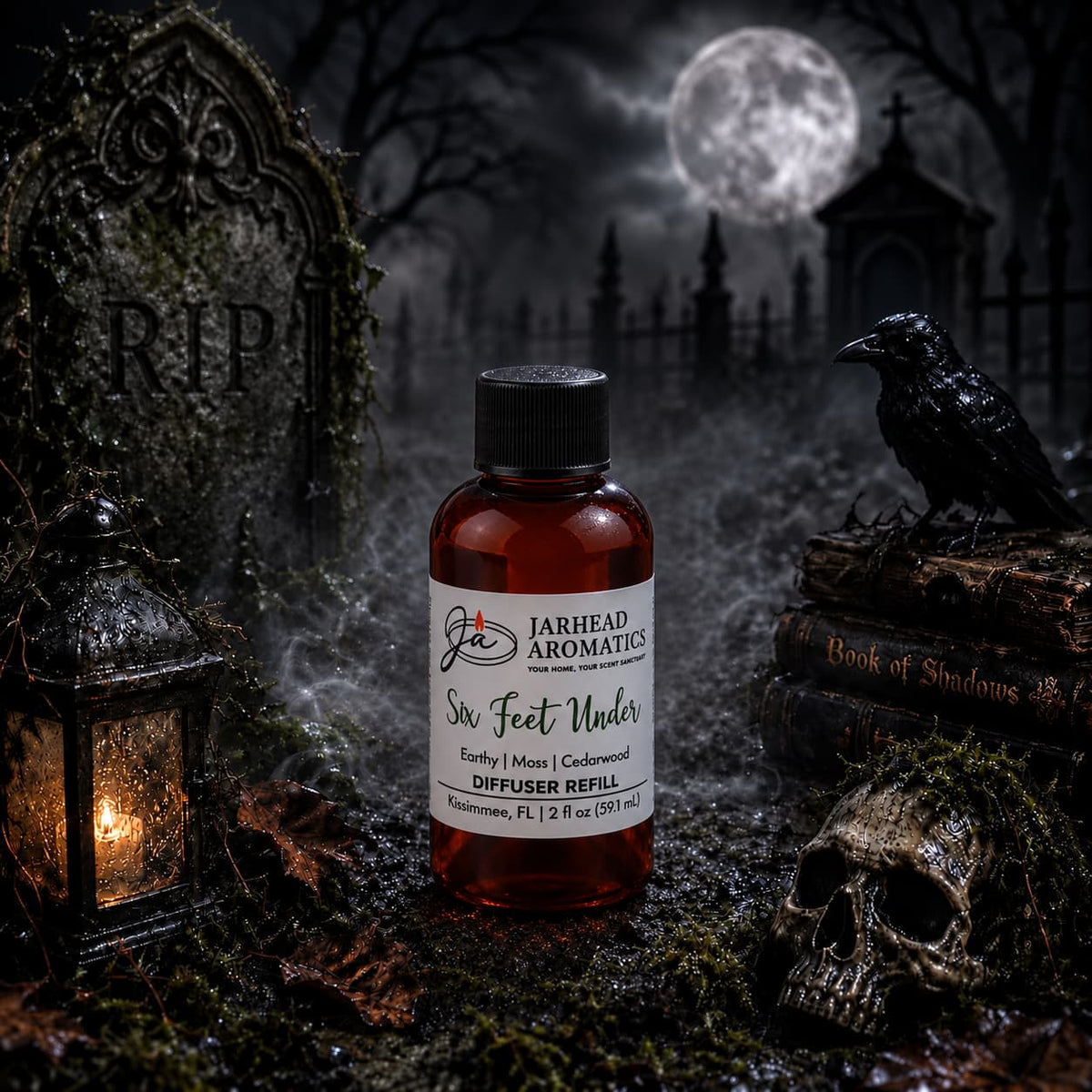 A bottle of Jarhead Aromatics’ Six Feet Under Diffuser Refill | Damp Earth, Moss & Ancient Oak rests on mossy earth in a mysterious graveyard at night. Surrounded by a skull, raven, old books, lantern, and weathered tombstones beneath a glowing full moon, the earthy aroma of damp earth, rich moss, and ancient oak fills the air—infusing the haunting scene with evocative fragrance.