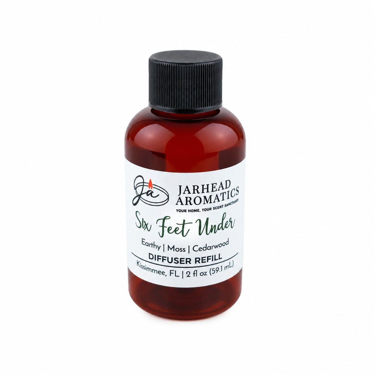 A brown bottle labeled Jarhead Aromatics Six Feet Under Diffuser Refill | Damp Earth, Moss & Ancient Oak, featuring the distinctive scent of damp earth, moss, and ancient oak. This 2 fl oz (59.1 mL) cedarwood-based diffuser refill comes with a black screw cap—perfect for infusing any space with an earthy home fragrance.