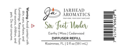 Label for Jarhead Aromatics Six Feet Under Diffuser Refill | Damp Earth, Moss & Ancient Oak, a home fragrance featuring scent notes of moss and ancient oak. Warning: Avoid contact with skin and surfaces. Size: 2 fl oz (59.1 mL). Barcode on right.