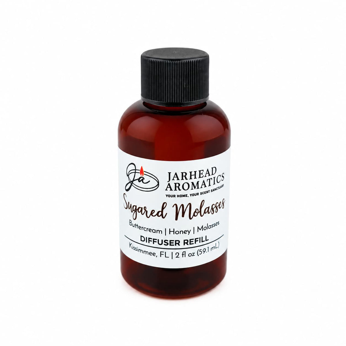 A brown bottle labeled Jarhead Aromatics Sugared Molasses Diffuser Refill | Buttercream, Honey & Dark Molasses features cozy notes of buttercream, honey, and dark molasses. Ideal for bringing an autumnal ambiance to your space, this home fragrance comes in a 2 fl oz (59.1 mL) bottle with a black cap.