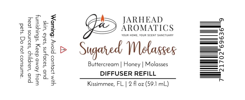 A Jarhead Aromatics Sugared Molasses Diffuser Refill label showcasing essential product details (2 fl oz, Kissimmee, FL), a barcode, and prominent safety warnings. Refresh your home this autumn with the comforting blend of buttercream, honey, and dark molasses—an inviting fragrance upgrade courtesy of Jarhead Aromatics.