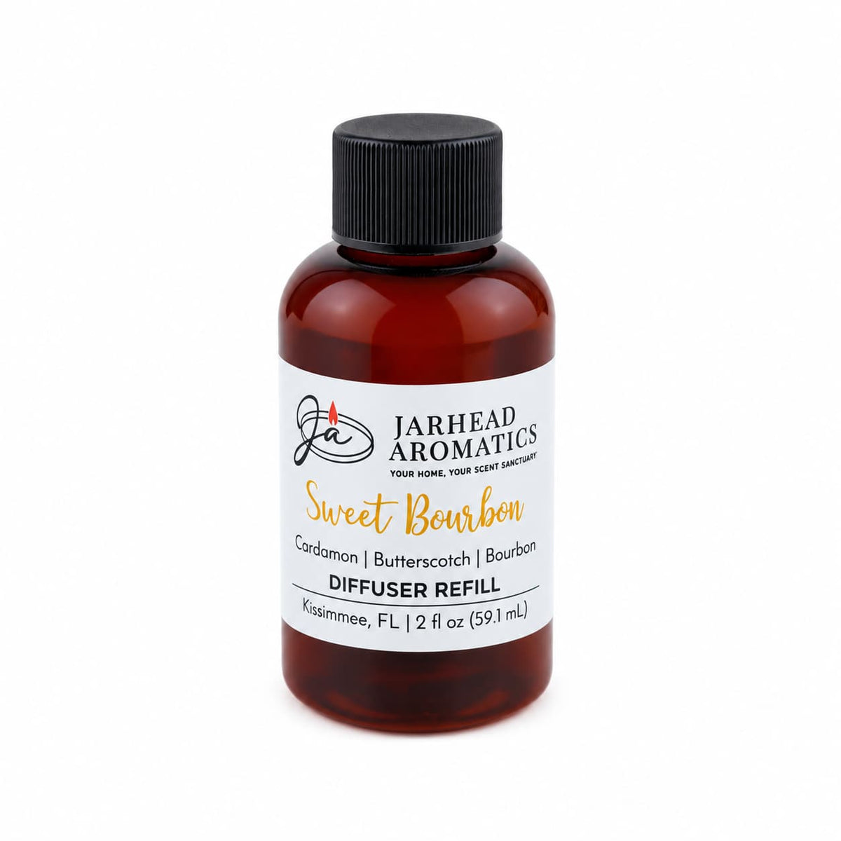 A 2 fl oz (59.1 mL) brown bottle with a black cap, labeled Jarhead Aromatics Sweet Bourbon Diffuser Refill | Bourbon, Butterscotch & Brown Sugar, is perfect for enhancing your home fragrance with inviting notes of bourbon, butterscotch, and brown sugar reminiscent of a cozy bourbon lounge.