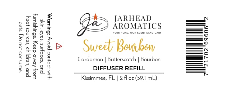 Jarhead Aromatics Sweet Bourbon Diffuser Refill | Bourbon, Butterscotch & Brown Sugar – A sophisticated home fragrance inspired by the warmth of a bourbon lounge, featuring notes of bourbon, butterscotch, and brown sugar. Caution: Avoid contact with skin and eyes. Keep out of reach of children. Do not ingest.