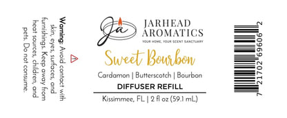 Jarhead Aromatics Sweet Bourbon Diffuser Refill | Bourbon, Butterscotch & Brown Sugar – A sophisticated home fragrance inspired by the warmth of a bourbon lounge, featuring notes of bourbon, butterscotch, and brown sugar. Caution: Avoid contact with skin and eyes. Keep out of reach of children. Do not ingest.