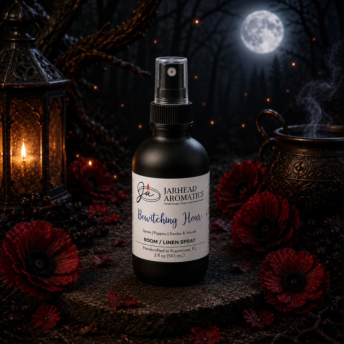 A bottle of Jarhead Aromatics Bewitching Hour Room & Linen Spray | Exotic Spices, Dark Florals & Smoky Woods rests among red flowers, a lantern, and a cauldron. In the background, a full moon glows behind shadowy trees, setting a mystical nighttime scene. This enchanting home fragrance from Jarhead Aromatics captures the essence of the night with its blend of exotic spices, dark florals, and smoky woods.