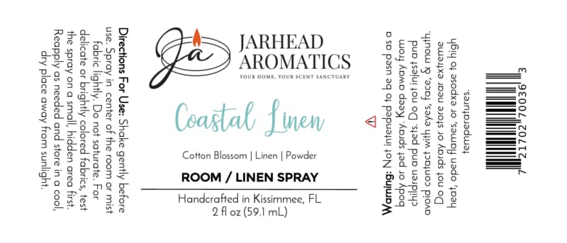 Label for Jarhead Aromatics Coastal Linen Room & Linen Spray. This fresh linen spray showcases a candle logo and highlights scent notes of fresh linen, ozone, and sandalwood for a clean, invigorating home fragrance experience. The label includes directions for use, important safety warnings, product details, and indicates the 2 fl oz size.
