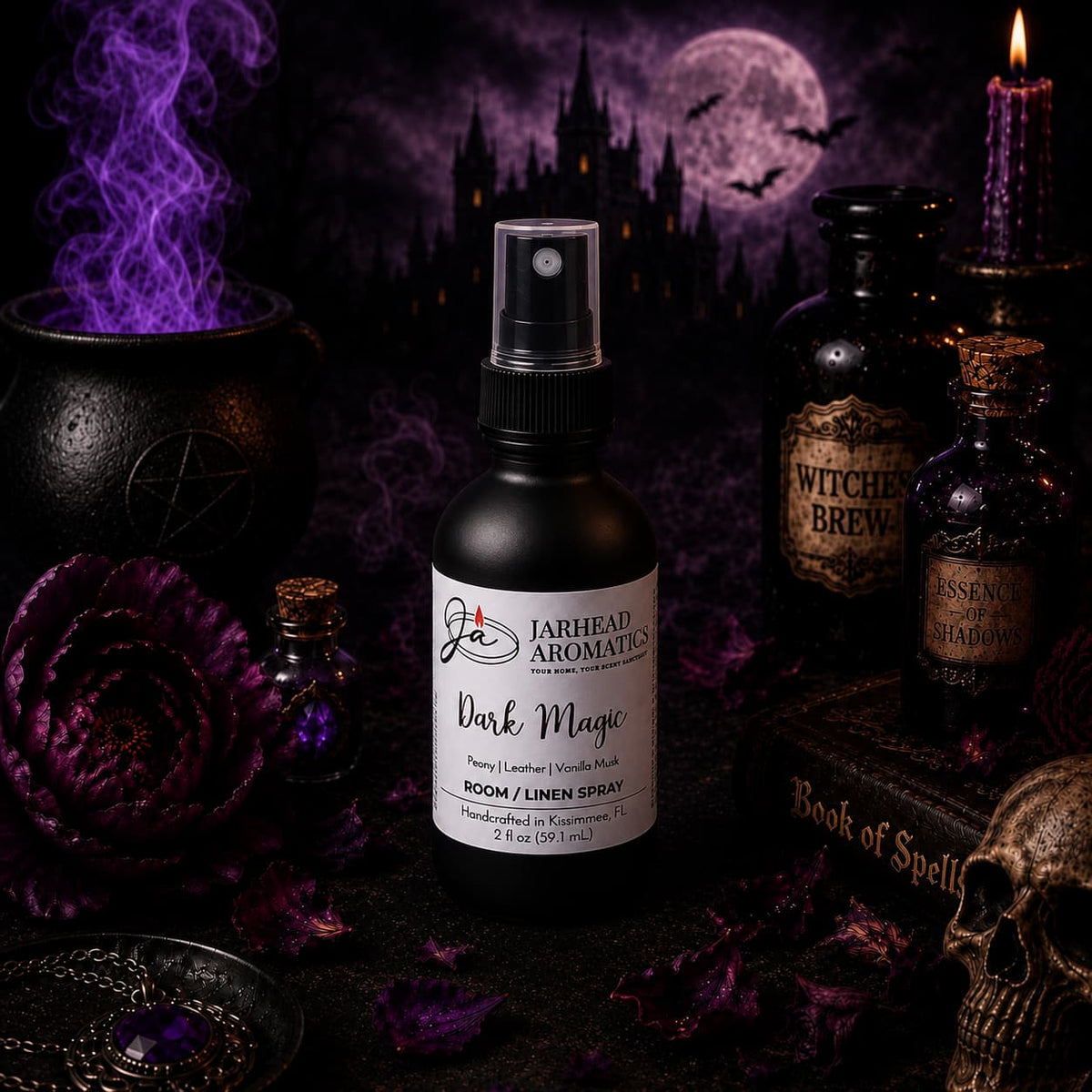 A bottle of Jarhead Aromatics Dark Magic Room & Linen Spray | Peach, Plum, Dark Florals & Vanilla Musk rests on a table encircled by purple flowers, potion bottles, and a spellbook, with wisps of smoke swirling beneath a full moon and flying bats—evoking an enchanting and mystical home fragrance scene.