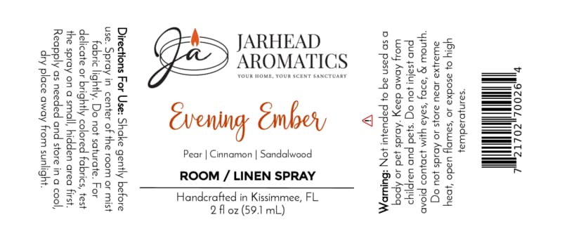 The label for Jarhead Aromatics Evening Ember Room & Linen Spray—featuring a blend of plum, sandalwood, and soft smoke—displays directions, warnings, ingredients, and product details. Handcrafted in Kissimmee, FL, this 2 fl oz home fragrance comes with a barcode on the right.