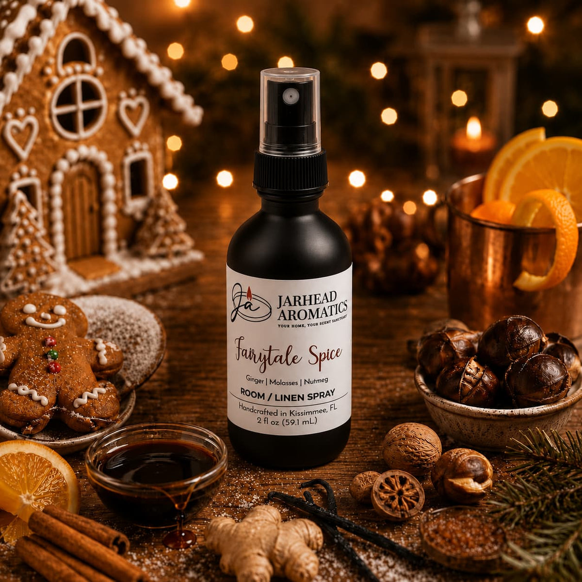 A bottle of Jarhead Aromatics Fairytale Spice Room & Linen Spray | Gingerbread, Molasses & Warm Spice rests amid gingerbread cookies, dried orange slices, spices, chestnuts, a gingerbread house, and festive décor—infusing the space with a warm bakery-inspired fragrance and creating a cozy holiday atmosphere.