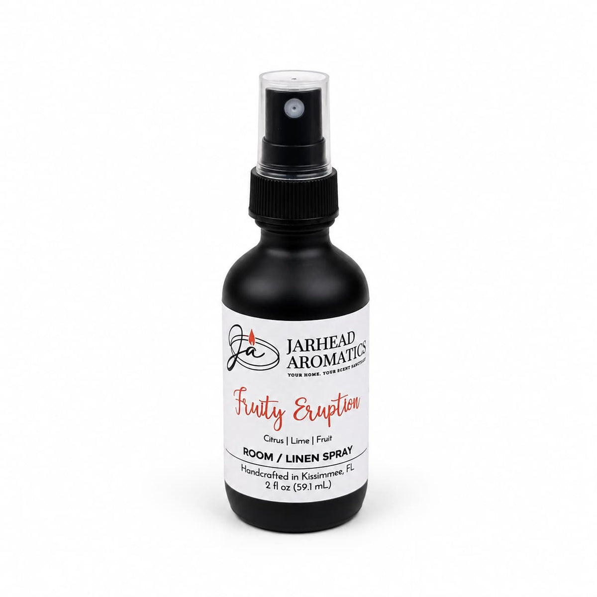 A black spray bottle labeled Jarhead Aromatics Fruity Eruption Room & Linen Spray | Lemon, Lime, Grapefruit & Fresh Fruit, 2 fl oz stands upright on a white background—an invigorating citrus blend room spray perfect for uplifting your home fragrance experience.