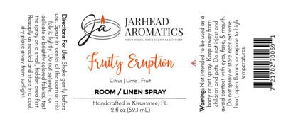 Label for Jarhead Aromatics Fruity Eruption Room & Linen Spray | Lemon, Lime, Grapefruit & Fresh Fruit—a lively citrus blend featuring lemon, lime, grapefruit, and fresh fruit notes to invigorate any room or linen. Net wt. 2 fl oz. Includes directions for use, safety warning, and company details. Logo with candle flame and initials “JA” at the top. Enjoy a refreshing burst of fragrance with every spray.