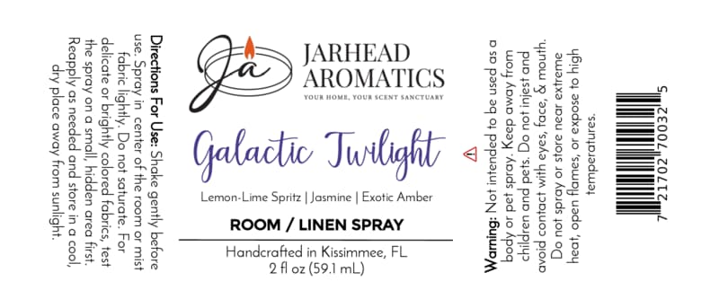 A product label for Jarhead Aromatics’ Galactic Twilight Room & Linen Spray, a luxurious home fragrance featuring bergamot, amber, and sandalwood scents. Directions, warnings, barcode, and logo are shown. The bottle size is 2 fl oz.