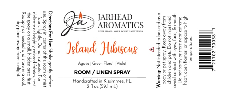 Label for Jarhead Aromatics Island Hibiscus Room & Linen Spray | Honeydew, Lime & Tropical Florals. Enjoy the uplifting tropical scent of honeydew, lime, and exotic florals—perfect to refresh any room or as a linen spray. Directions, ingredients (including agave, green floral notes, violet), warnings, and product information are included. Features a candle flame logo and a barcode on the right.