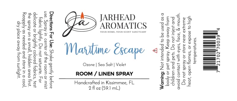 Jarhead Aromatics Maritime Escape Room & Linen Spray | Sea Salt, Ozone & Jasmine Infuse your space with the invigorating scent of sea salt, ozone, and jasmine using our Maritime Escape Room & Linen Spray by Jarhead Aromatics—a perfect home fragrance for any room or linen. Directions: Shake well and spray lightly on linens or throughout your room as desired. Warnings: For external use only. Avoid contact with eyes. Keep out of reach of children and pets. Ingredients: [insert ingredients here].