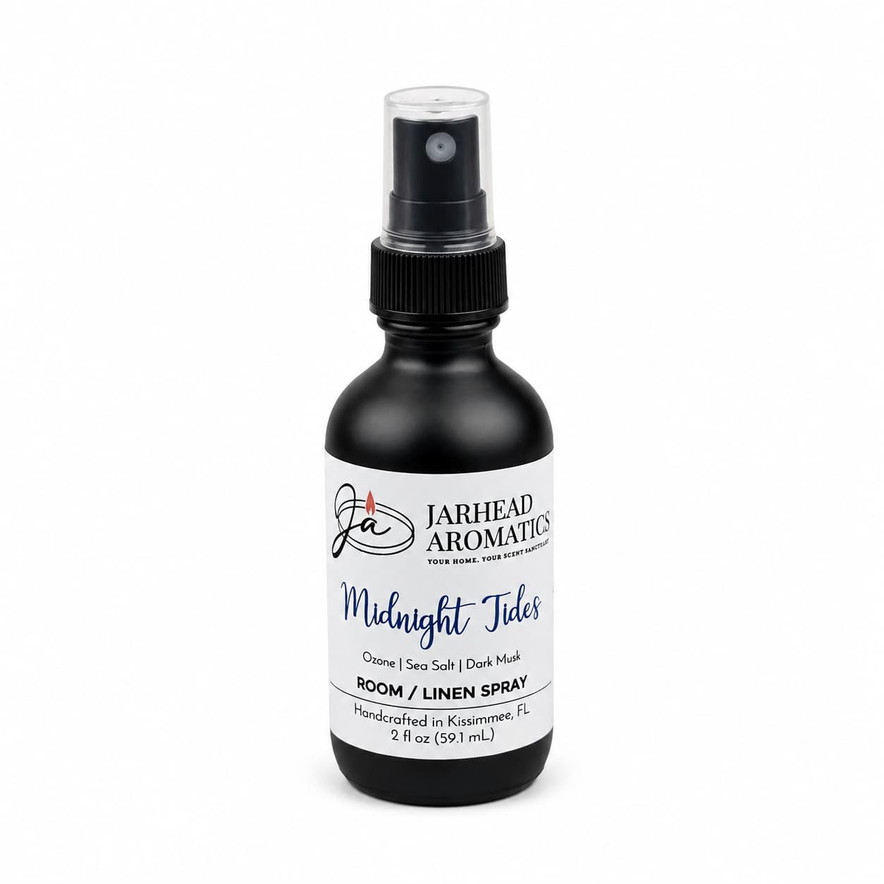 A 2 fl oz black spray bottle from Jarhead Aromatics, labeled “Midnight Tides Room & Linen Spray | Sea Salt, Sandalwood & Dark Musk,” featuring a handcrafted marine-inspired fragrance with notes of sea salt, sandalwood, and dark musk. Made in Kissimmee, FL.