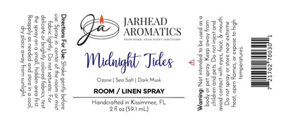 Midnight Tides Room & Linen Spray by Jarhead Aromatics Directions: Spray lightly onto linens or into the air as desired. Warnings: For external use only. Avoid contact with eyes. Keep out of reach of children and pets. Ingredients: Ozone, sea salt, sandalwood, dark musk. Size: 2 fl oz Enjoy the refreshing coastal scent of sea salt and ozone blended with warm sandalwood and deep dark musk in this handcrafted marine fragrance from Kissimmee, FL.