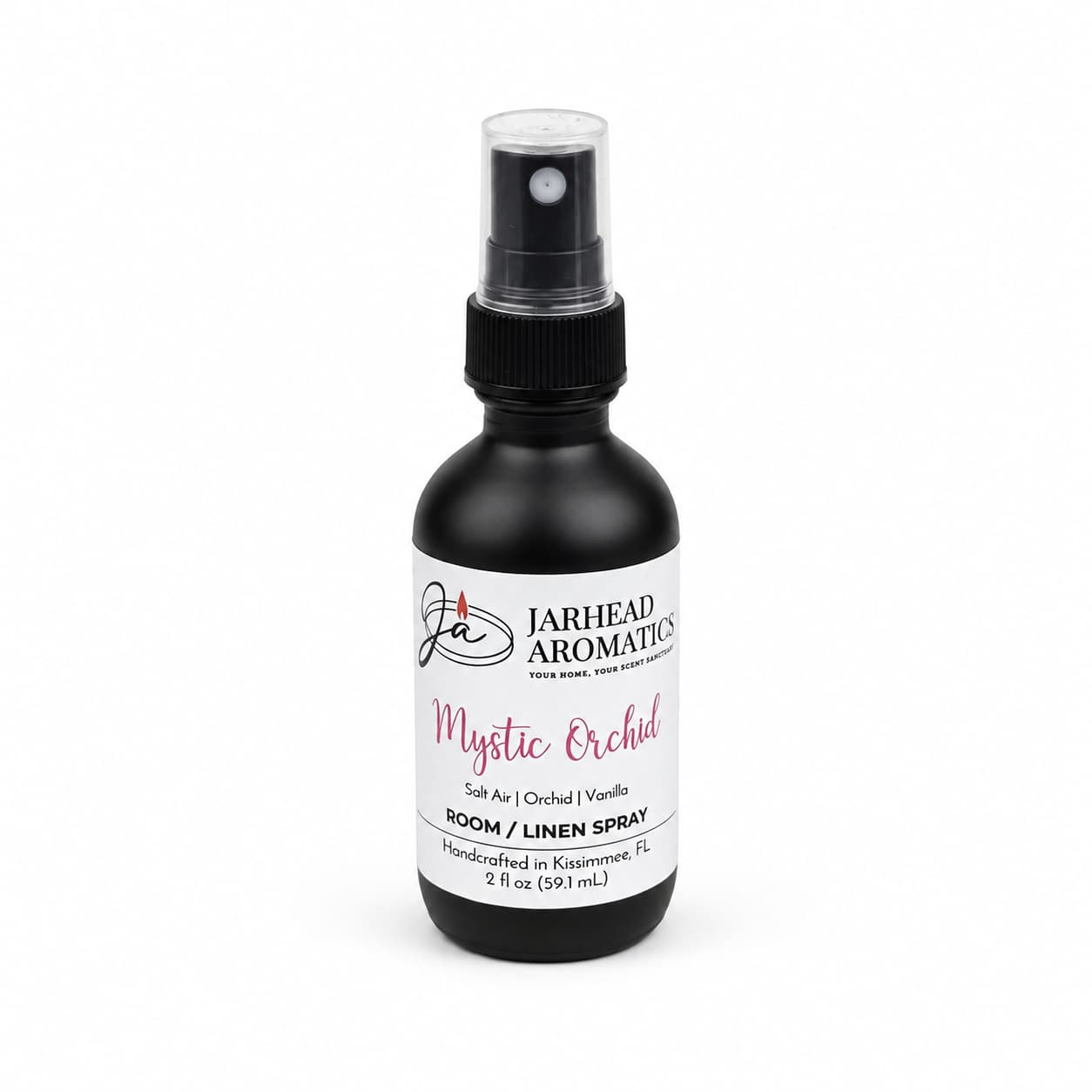 Introducing the Mystic Orchid Room & Linen Spray by Jarhead Aromatics—a hand-crafted 2 fl oz black spray bottle filled with a coastal floral fragrance of orchid, salt air, and vanilla. Made in Kissimmee, FL, this home scent blends fresh and sweet notes into any space.