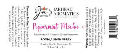 Product label for a Peppermint Mocha Room & Linen Spray by Jarhead Aromatics, showing usage instructions, warning text, and a barcode.