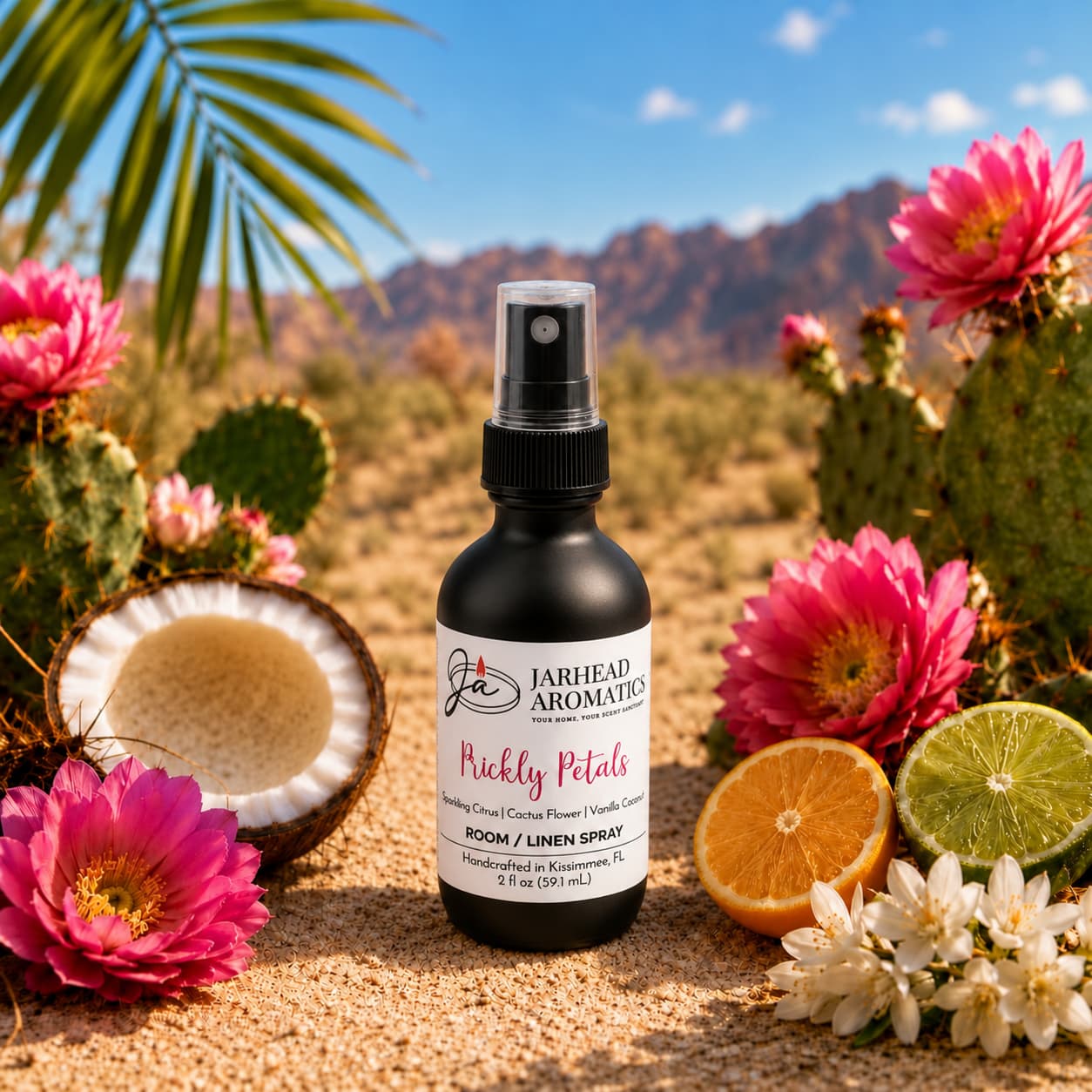 A bottle of Jarhead Aromatics Prickly Petals Room & Linen Spray, featuring notes of cactus flower, coconut, and sandalwood, rests in a desert landscape surrounded by vibrant pink blossoms, sliced citrus fruits, white blooms, and cacti—set against mountains and a clear blue sky to evoke the fresh essence of a desert oasis.