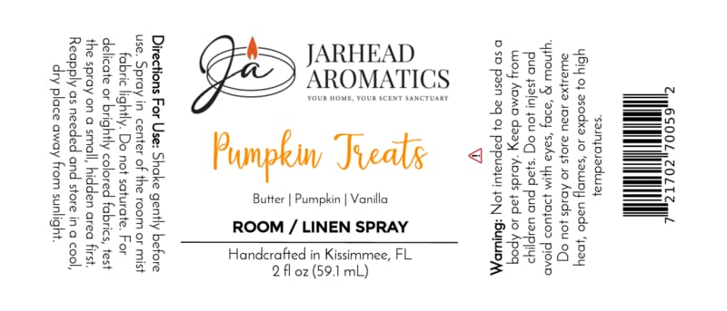 Label for Jarhead Aromatics Pumpkin Treats Room & Linen Spray | Pumpkin, Caramel & Maple Pecan. Includes directions, ingredients (butter, pumpkin, vanilla), warnings, barcode, and decorative logo. Text appears in black and orange on a white background. Fill your home with the cozy fragrance of pumpkin treats blended with notes of caramel and maple pecan for a delightful fall scent.