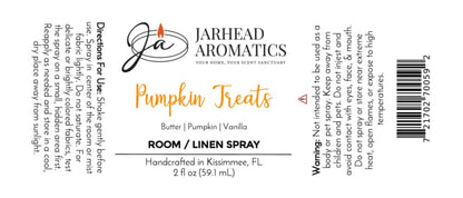 Label for Jarhead Aromatics Pumpkin Treats Room & Linen Spray | Pumpkin, Caramel & Maple Pecan. Includes directions, ingredients (butter, pumpkin, vanilla), warnings, barcode, and decorative logo. Text appears in black and orange on a white background. Fill your home with the cozy fragrance of pumpkin treats blended with notes of caramel and maple pecan for a delightful fall scent.