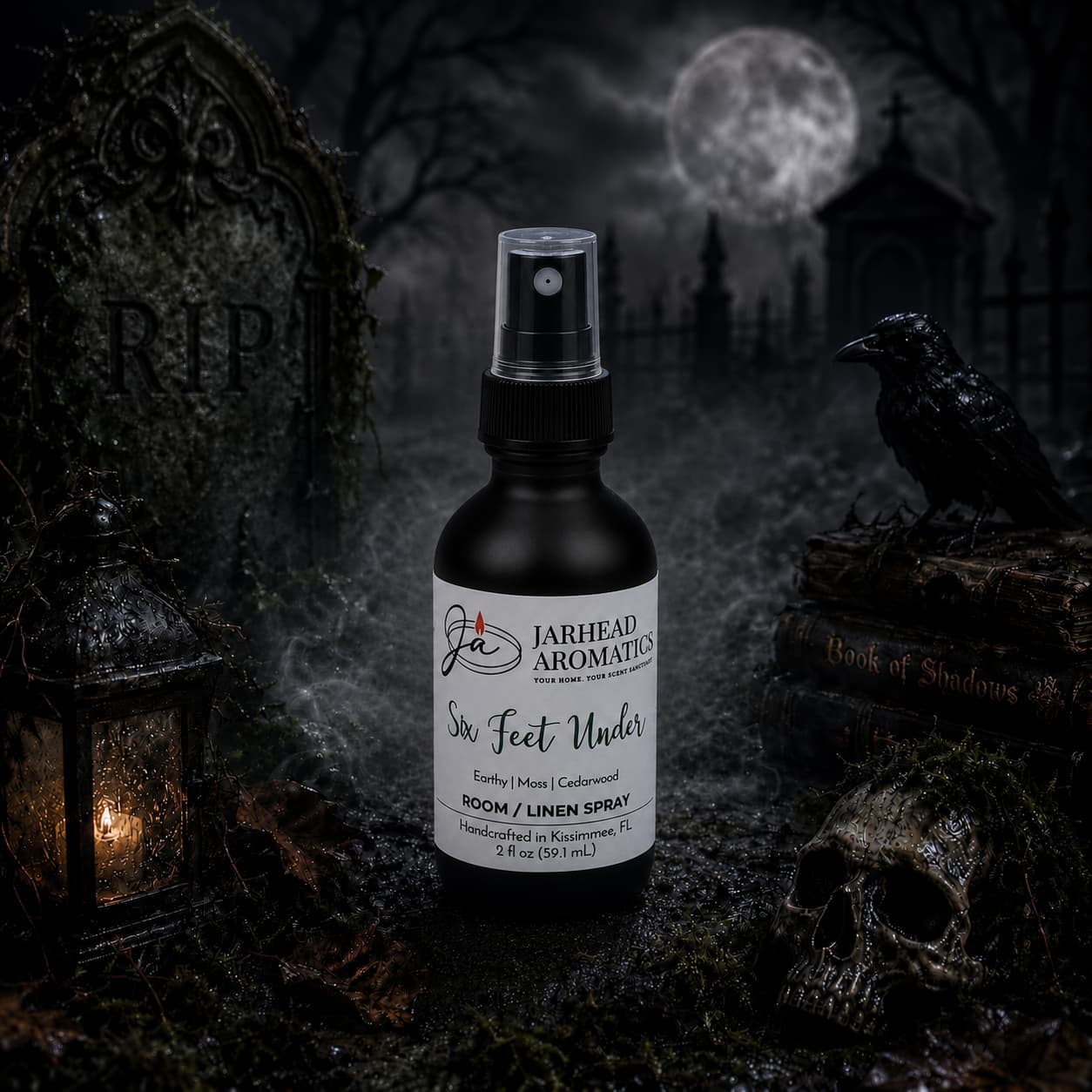 A bottle of Jarhead Aromatics’ Six Feet Under Room & Linen Spray | Damp Earth, Moss & Ancient Oak stands in a foggy graveyard surrounded by tombstones, a raven, a skull, and the Book of Shadows beneath a dark, eerie sky. The lingering aroma of damp earth, moss, and ancient oak drifts through the air—an enchanting home fragrance designed for those who relish the mysterious and macabre.