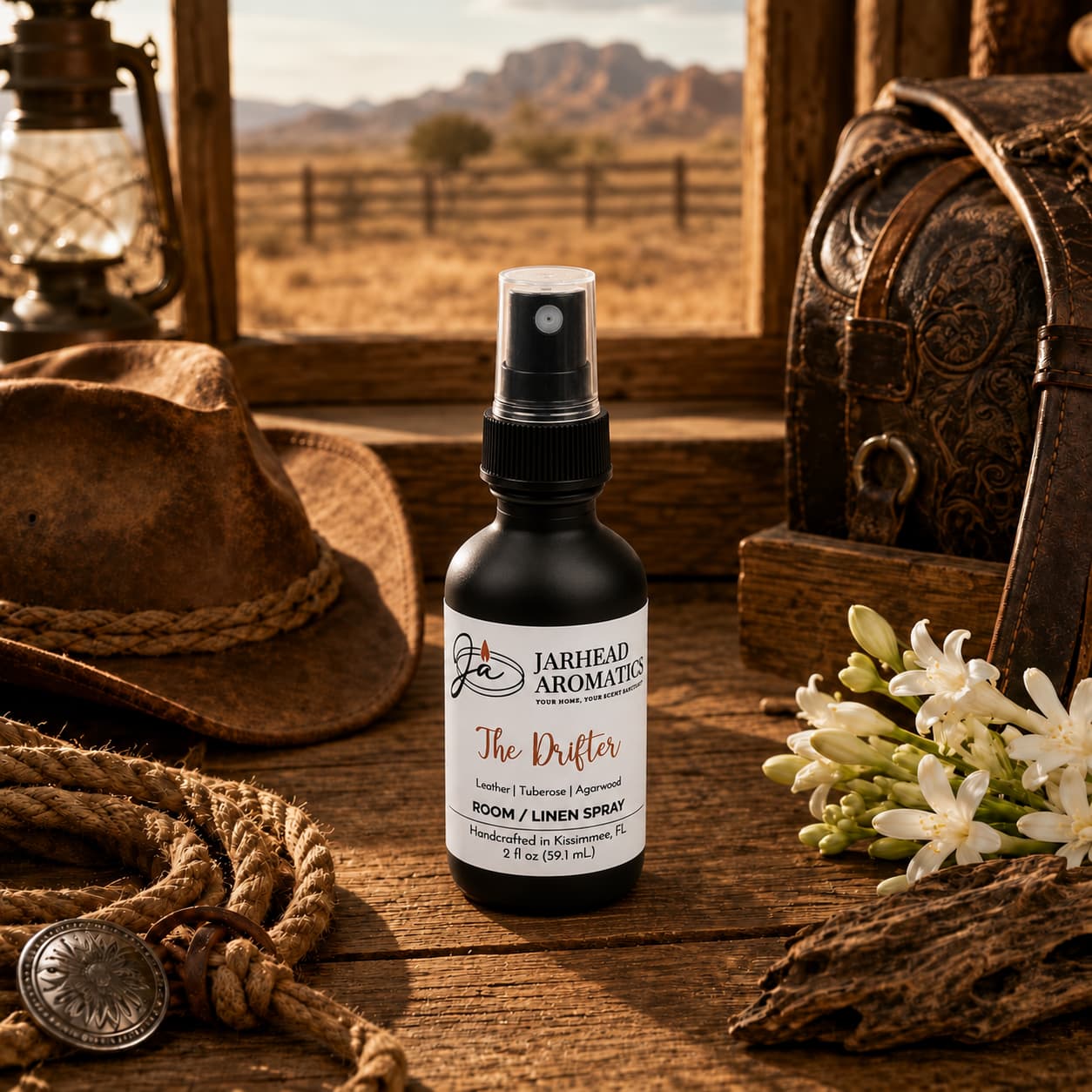 A bottle of Jarhead Aromatics The Drifter Room & Linen Spray | Leather, Tuberose & Smoky Agarwood rests on a rustic table alongside a cowboy hat, lantern, leather bag, and white flowers; through the window behind them, a desert landscape with a fence can be seen.