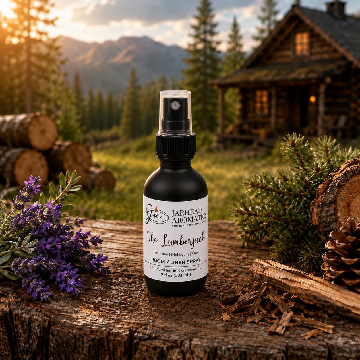 A bottle of The Lumberjack Room & Linen Spray by Jarhead Aromatics—featuring notes of mahogany, cedarwood, and oak—rests on a wooden surface outdoors, nestled among pinecones and lavender, with a log cabin and trees bathed in sunset light in the background, perfectly capturing the essence of a woodsy home fragrance in every spritz.