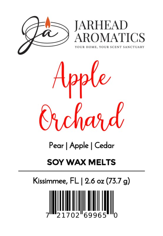 Jarhead Aromatics Apple Orchard Soy Wax Melt label, highlighting the crisp apple, juicy pear, and cedarwood fragrance. Features product weight, Kissimmee, FL location, and a barcode at the bottom.