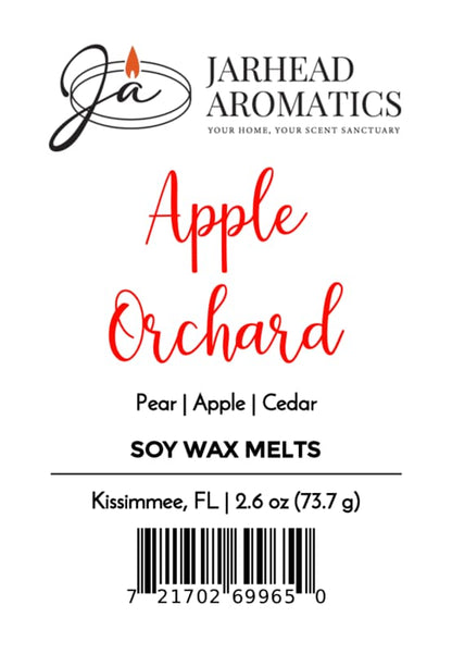 Jarhead Aromatics Apple Orchard Soy Wax Melt label, highlighting the crisp apple, juicy pear, and cedarwood fragrance. Features product weight, Kissimmee, FL location, and a barcode at the bottom.
