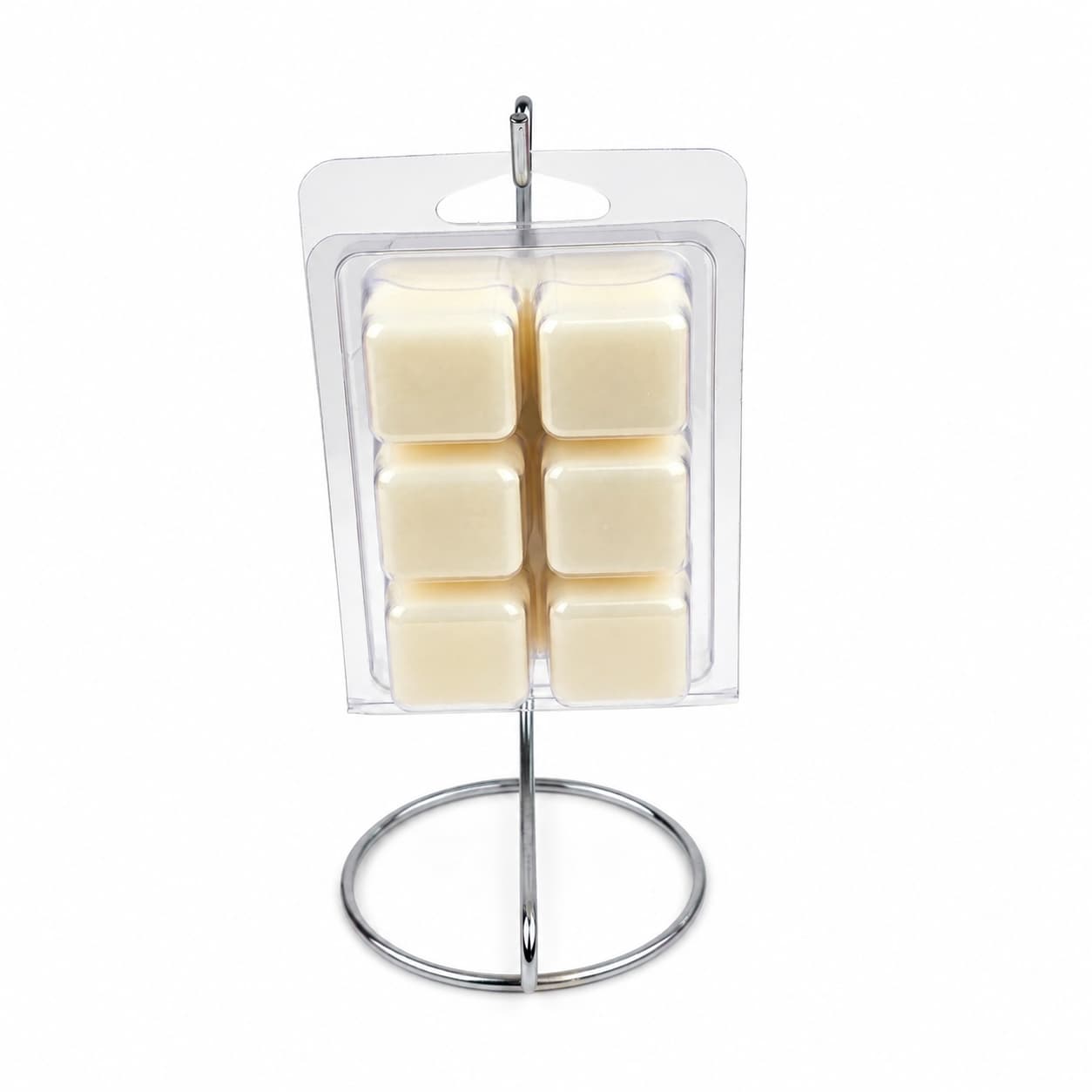 A plastic pack of six cream-colored Bewitching Hour Soy Wax Melts by Jarhead Aromatics, featuring an enchanting blend of exotic spices, dark florals, and smoky woods, is displayed upright on a simple silver metal stand against a white background—each mystical melt infusing your space with long-lasting fragrance.
