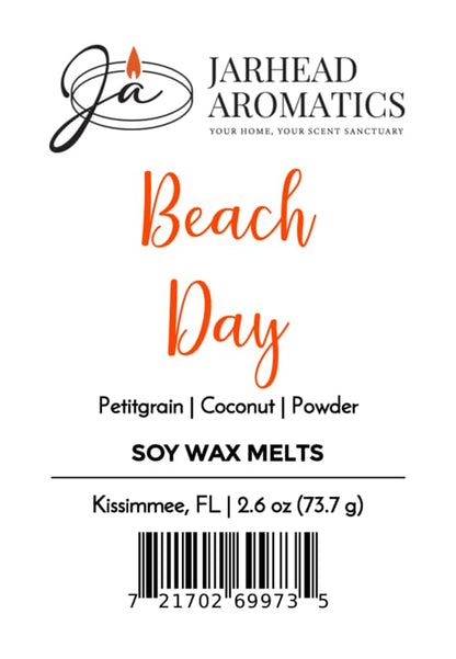 Sure! Here’s a rewritten version of your label using the provided product data: --- Jarhead Aromatics Beach Day Soy Wax Melt | Citrus, Coconut & Coastal Musk Experience highly fragrant notes of citrus, coconut, and coastal musk. Enjoy long-lasting fragrance with 2.6 oz (73.7 g) of soy wax melts, expertly crafted in Kissimmee, FL. Barcode at the bottom. ---.
